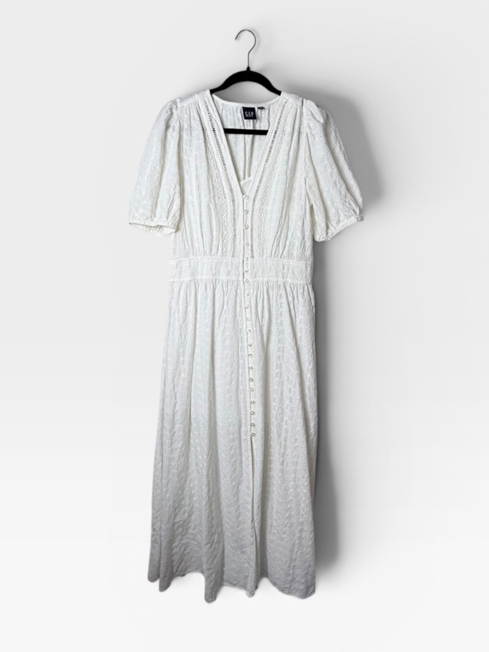 Gap White Puff Sleeve Eyelet Midi Dress Button Front Broderie Size Medium (Q) - Picture 4 of 8